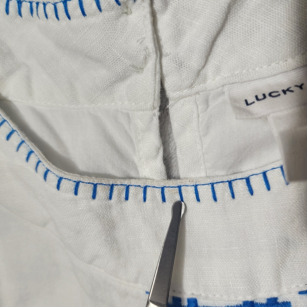 Lucky Brand 100% Linen Halter Dress Size M Embroidered White And Blue - Picture 16 of 16